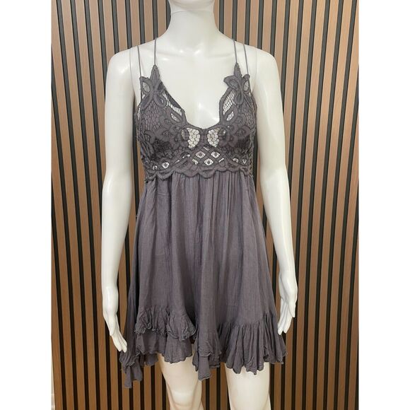 Free People FP One Adella Women's Dress Mini Lace Detail Boho Tiered Hem S Brown - Picture 1 of 6